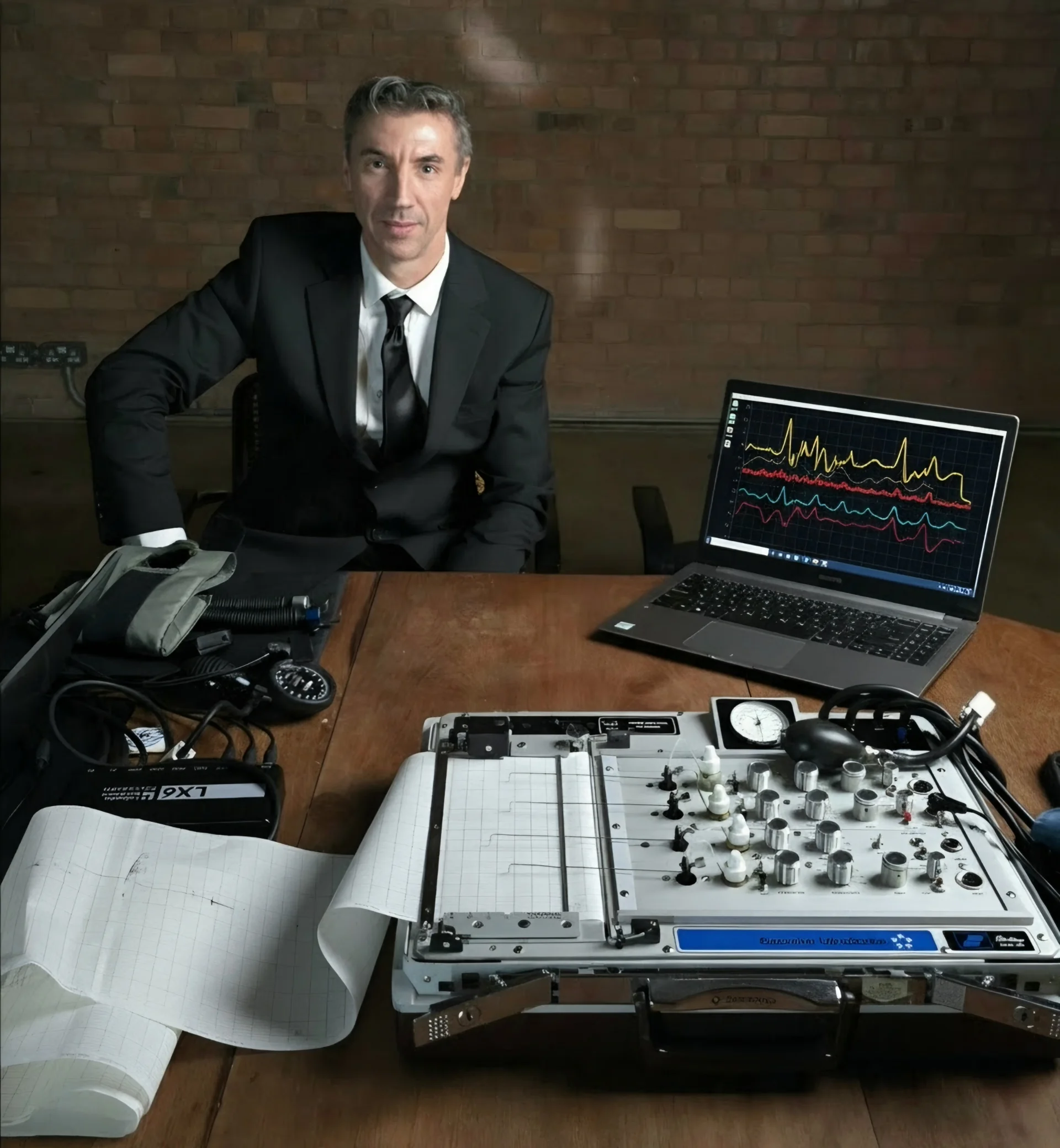 Close-up of calibrated polygraph examination equipment and monitoring instruments